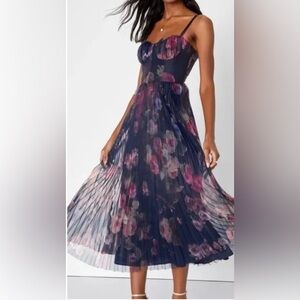 Lulu's Navy Floral Pleated Midi Dress with Pink Roses